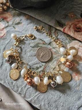 Gold Tone , Pearl Charm Bracelet with Mixed Metal Accents